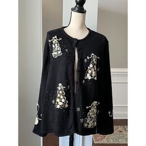 Studio Joy Christmas Sweater Black with Gold/Silver Trees Beaded Sz 1X